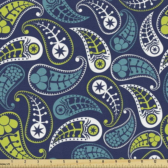 Ambesonne Paisley Fabric by the Yard Upholstery, Middle Eastern Ethnic Leaf, 2 Yards, Lime Green Night Blue