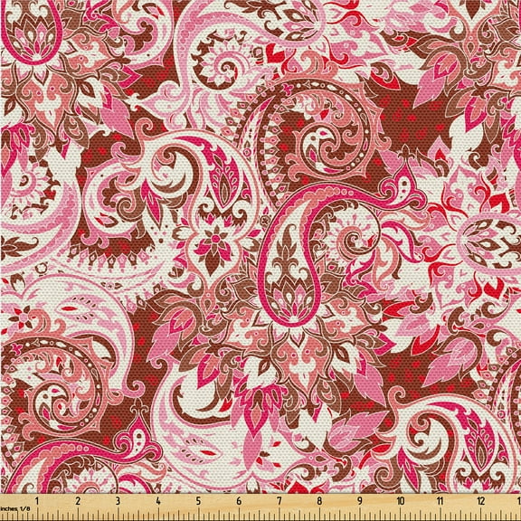 Ambesonne Paisley Fabric by the Yard Upholstery, Modern Botany Flowers Print, 2 Yards, Dark Coral Pastel Pink