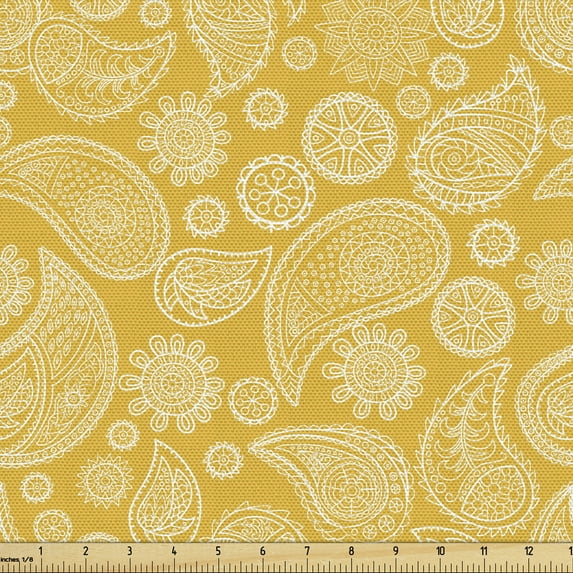 Ambesonne Paisley Fabric by the Yard Upholstery, Modernized Oriental Motifs, 5 Yards, Earth Yellow and Ivory