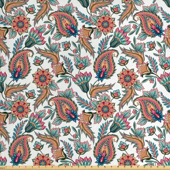 Ambesonne Paisley Fabric by the Yard Upholstery, Motifs with Flower Leafs, 10 Yards, Multicolor
