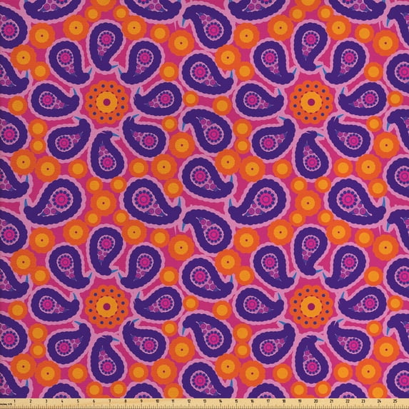 Ambesonne Paisley Fabric by the Yard Upholstery, Oriental Floral Motif, 3 Yards, Magenta and Multicolor