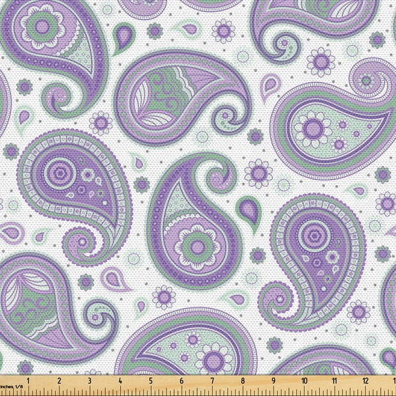 Ambesonne Paisley Fabric by the Yard Upholstery, Oriental Pastel Tone, 5 Yards, Laurel Green Lavender