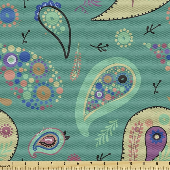 Ambesonne Paisley Fabric by the Yard Upholstery, Rhythmic Abstract Motifs, 1 Yard, Dark Seafoam and Multicolor