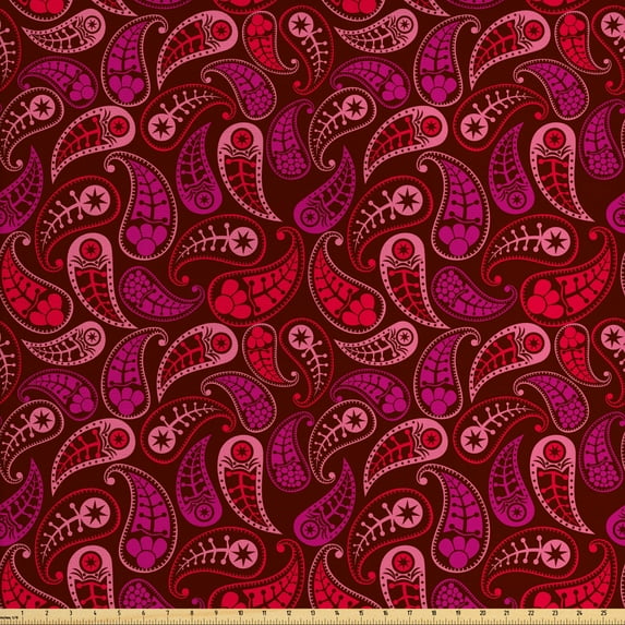 Ambesonne Paisley Fabric by the Yard Upholstery, Rhythmic Drop Shaped Motifs, 5 Yards, Dark Maroon Pastel Pink