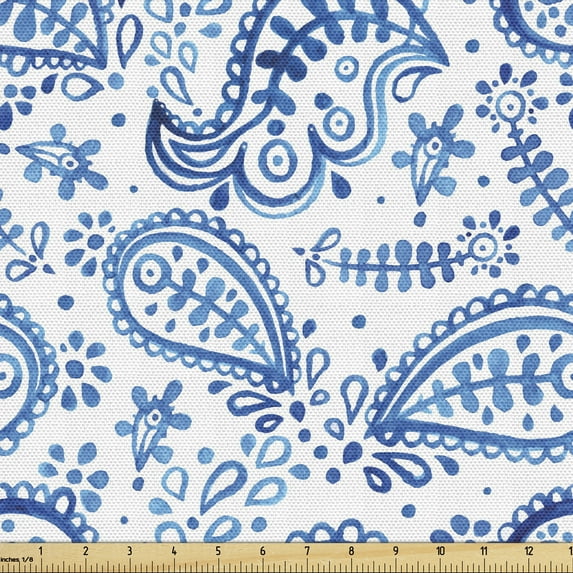 Ambesonne Paisley Fabric by the Yard Upholstery, Sketch Flower and Flake, 1 Yard, White and Blue