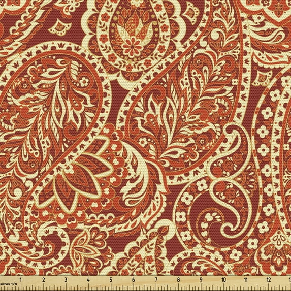 Ambesonne Paisley Fabric by the Yard Upholstery, Traditional Ethnic Motif, 3 Yards, Paprika and Pale Yellow