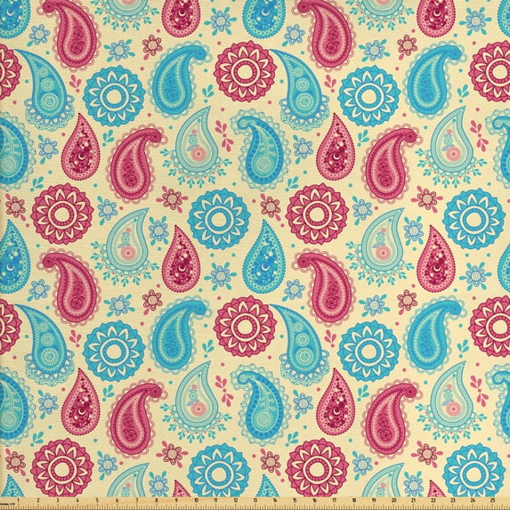 Ambesonne Paisley Fabric by the Yard Upholstery, Traditional Leafy Motifs, 10 Yards, Turquoise Pink Cream