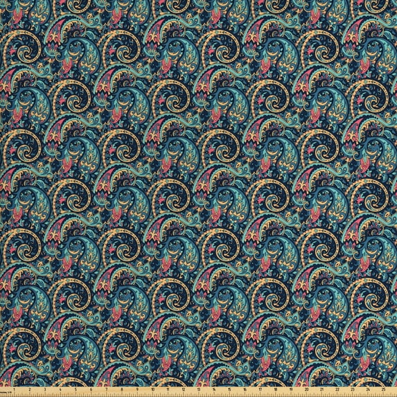 Ambesonne Paisley Fabric by the Yard Upholstery, Tribal Vibrant Pattern, 10 Yards, Slate Blue Coral