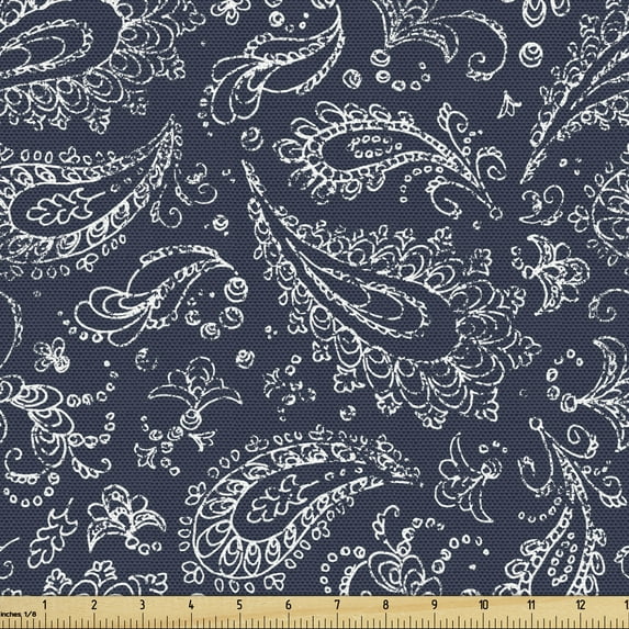 Ambesonne Paisley Fabric by the Yard Upholstery, Vintage Boho Grunge, 3 Yards, Dark Blue and White