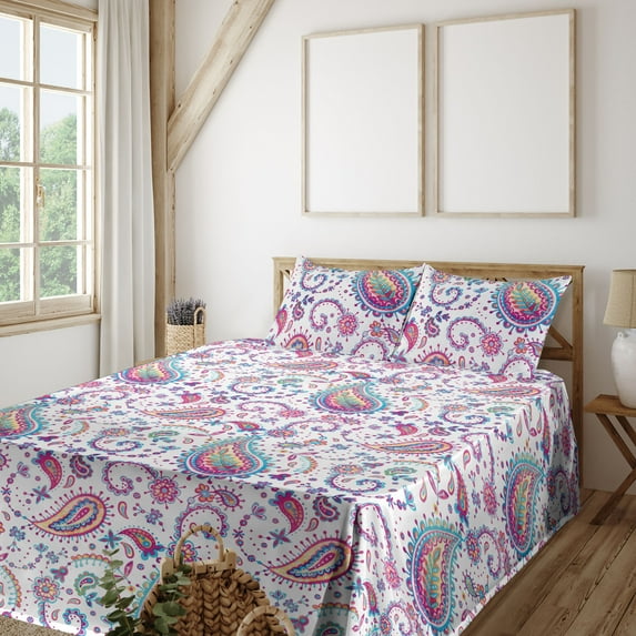 Ambesonne Paisley Fitted & Flat Sheet with Shams 4 Pcs Set, Boho Modern Floral Motifs, Full, Magenta Sea Blue Mustard