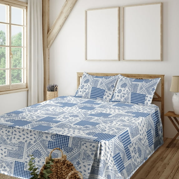 Ambesonne Paisley Fitted & Flat Sheet with Shams 4 Pcs Set, Modern Floral Motifs Print, Full, Dark Lavender White