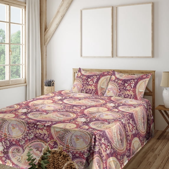 Ambesonne Paisley Fitted & Flat Sheet with Shams 4 Pcs Set, Modern Leafy Floral Motif, Calking, Raspberry Cream Pale Pink