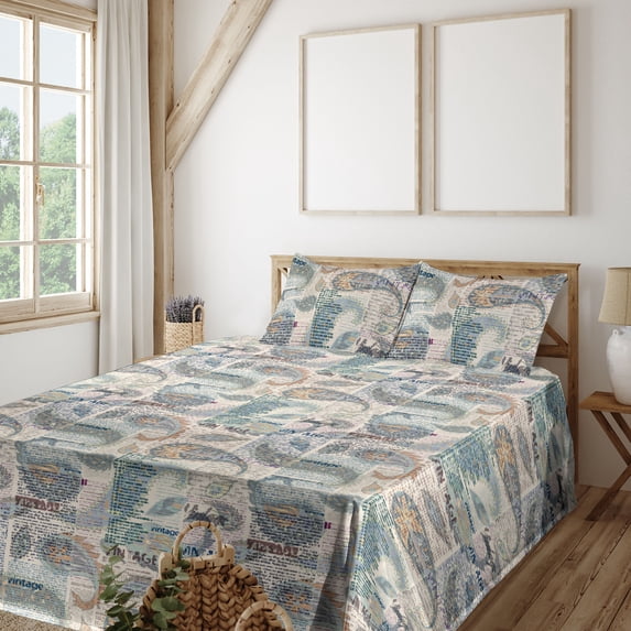 Ambesonne Paisley Fitted & Flat Sheet with Shams 4 Pcs Set, Vintage Spots and Floral, Queen, Cream Teal Burnt Orange