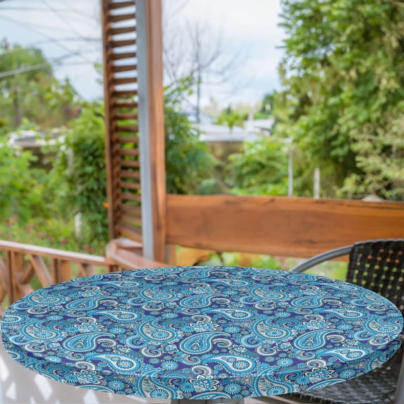 Ambesonne Paisley Fitted Round Tablecloth, Flowers Leaves and Dots, 40"- 44" Diameter, Blue