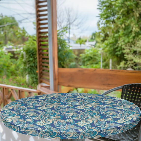 Ambesonne Paisley Fitted Round Tablecloth, Inspired Persian, 36"- 40" Diameter, Teal Navy and Tan