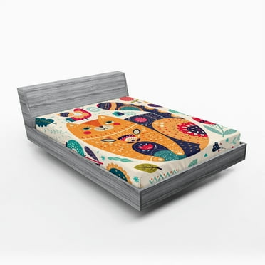 Ambesonne Paisley Fitted Sheet 2 Pcs Set, Cat and Flower Leaf, California King, Multicolor