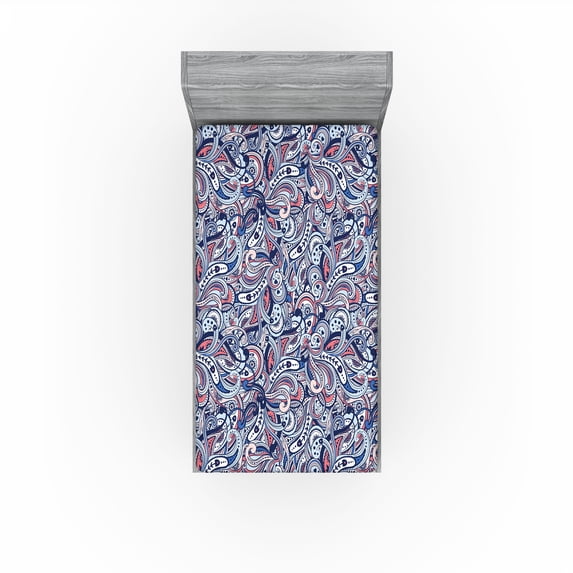 Ambesonne Paisley Fitted Sheet, Abstract Ethno Curvy Floral, Twin Size, Coral and Pale Azure Blue