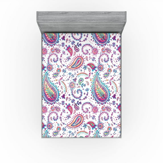 Ambesonne Paisley Fitted Sheet, Boho Modern Floral Motifs, King Size, Magenta Sea Blue Mustard