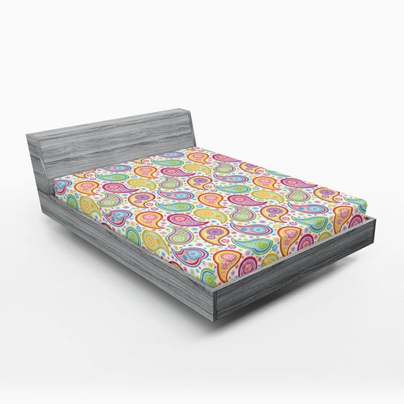 Ambesonne Paisley Fitted Sheet, Colored Pattern Flower, Full Size, Multicolor