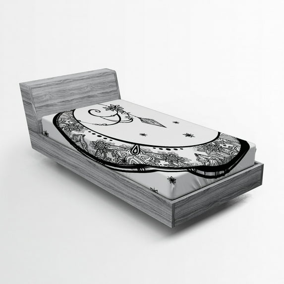 Ambesonne Paisley Fitted Sheet, Floral Moon, Twin XL Size, Black and White