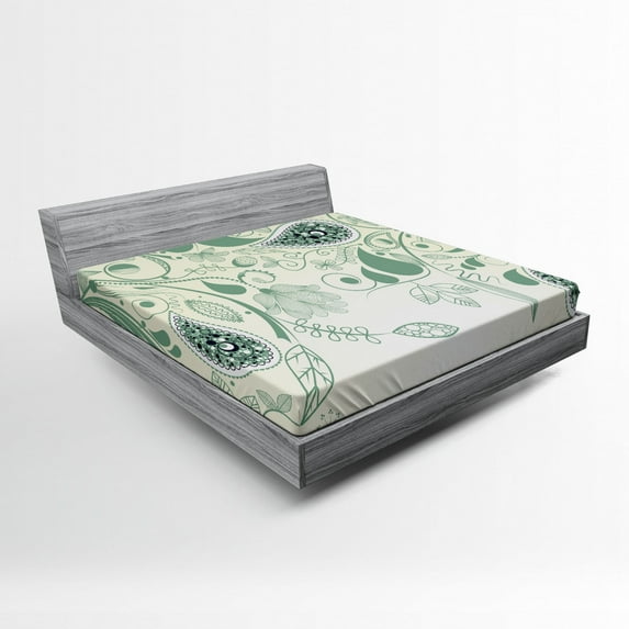 Ambesonne Paisley Fitted Sheet, Floral Vintage Patterns, Full Size, Laurel Green