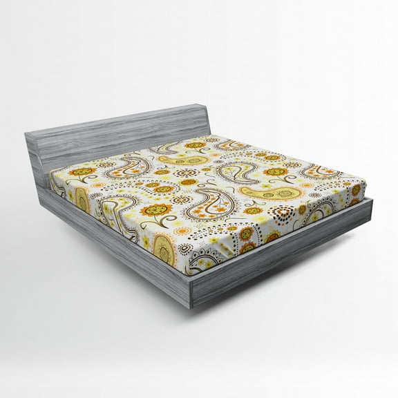 Ambesonne Paisley Fitted Sheet, Folkloric Floral Drop Forms, Full Size, Orange Yellow White