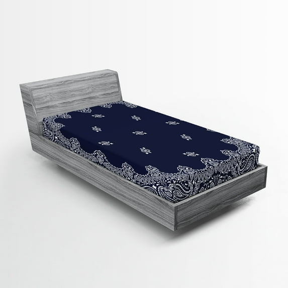 Ambesonne Paisley Fitted Sheet, Middle Eastern Influences, Twin XL Size, Dark Blue White