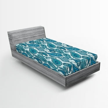Ambesonne Paisley Fitted Sheet, Ocean Stripe and Flower, Twin XL Size, Blue and White