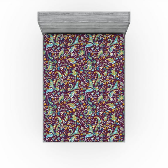Ambesonne Paisley Fitted Sheet, Oriental Feels Ethnic Bloom, Queen Size, Eggplant Apricot Sky Blue