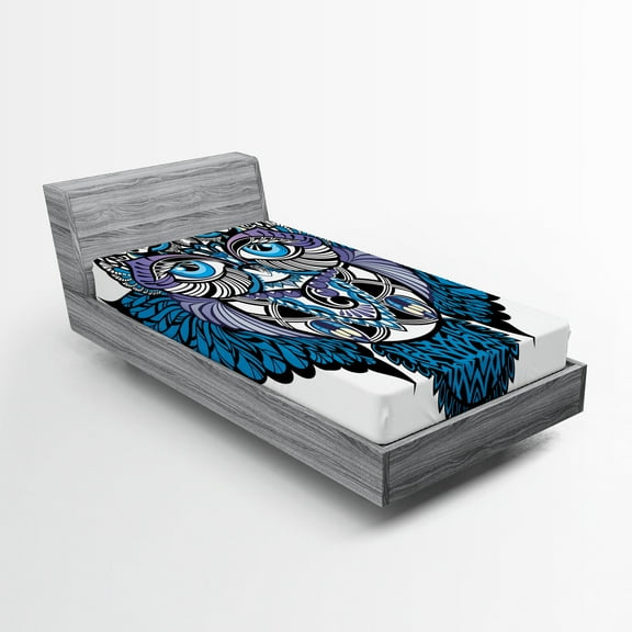 Ambesonne Paisley Fitted Sheet, Owl Bird Animal Tattoo, Twin Size, Navy Blue and Purple