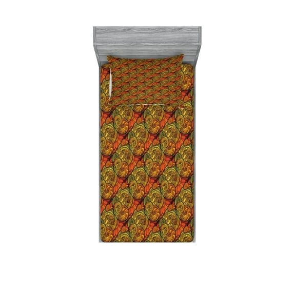 Ambesonne Paisley Fitted Sheet & Pillow Sham Set, Art Deco Oriental Flowers, Twin, Reseda Green Orange