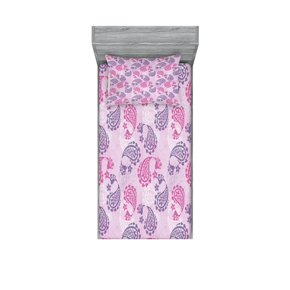 Ambesonne Paisley Fitted Sheet & Pillow Sham Set, Art Effects, Twinxl, Fuchsia Lilac
