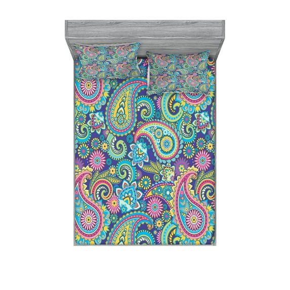Ambesonne Paisley Fitted Sheet & Pillow Sham Set, Bohem Colorful, Full, Multicolor