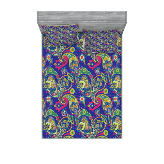 Ambesonne Paisley Fitted Sheet & Pillow Sham Set, Classic Persian Welsh, Full, Indigo and Olive Green
