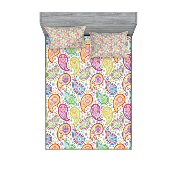 Ambesonne Paisley Fitted Sheet & Pillow Sham Set, Colored Pattern Flower, Queen, Multicolor