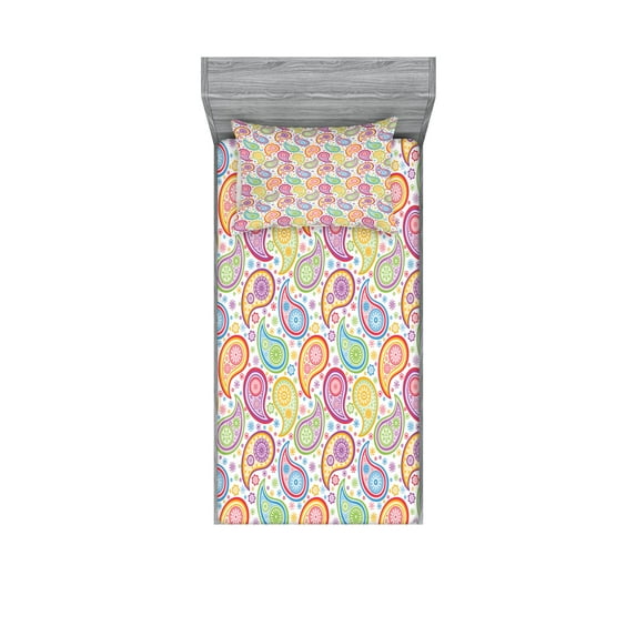 Ambesonne Paisley Fitted Sheet & Pillow Sham Set, Colored Pattern Flower, Twinxl, Multicolor