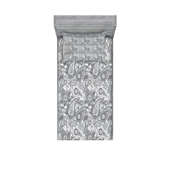 Ambesonne Paisley Fitted Sheet & Pillow Sham Set, Digital Persian Leaf, Twin, Grey and White