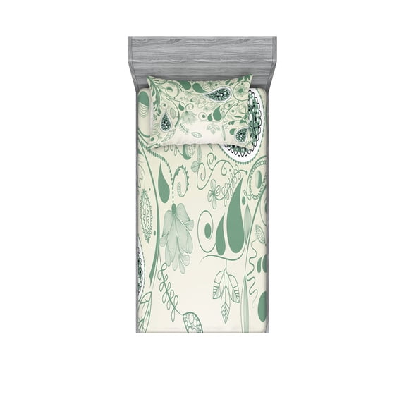 Ambesonne Paisley Fitted Sheet & Pillow Sham Set, Floral Vintage Patterns, Twinxl, Laurel Green