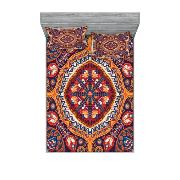 Ambesonne Paisley Fitted Sheet & Pillow Sham Set, Flower Rug, Queen, Multicolor