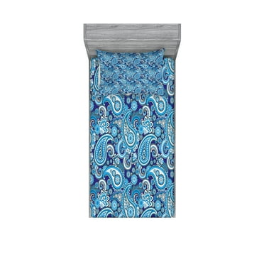 Ambesonne Paisley Fitted Sheet & Pillow Sham Set, Flowers Leaves and Dots, Twin, Blue