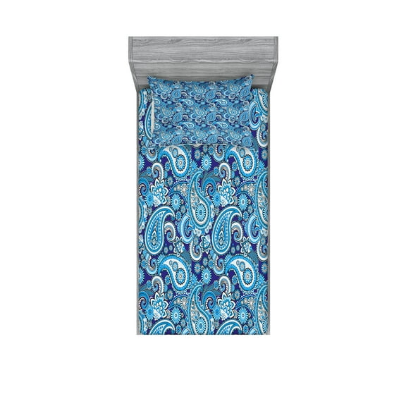 Ambesonne Paisley Fitted Sheet & Pillow Sham Set, Flowers Leaves and Dots, Twin, Blue