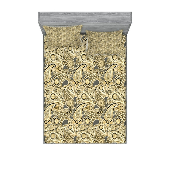 Ambesonne Paisley Fitted Sheet & Pillow Sham Set, Flowers Stripes, Calking, Brown Black and White