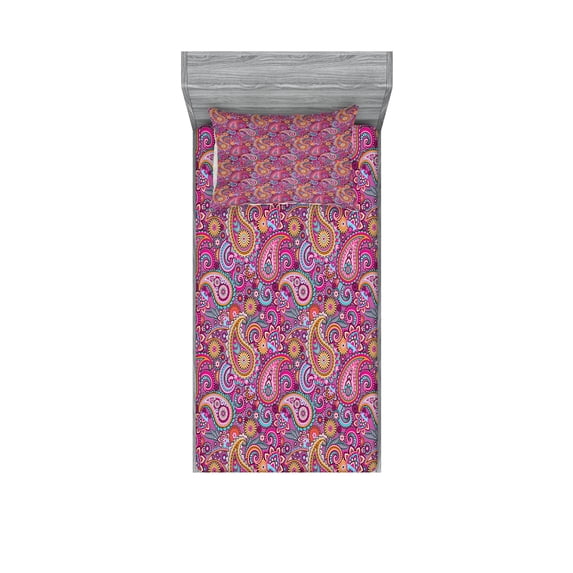 Ambesonne Paisley Fitted Sheet & Pillow Sham Set, Flowers and Sun, Twinxl, Multicolor