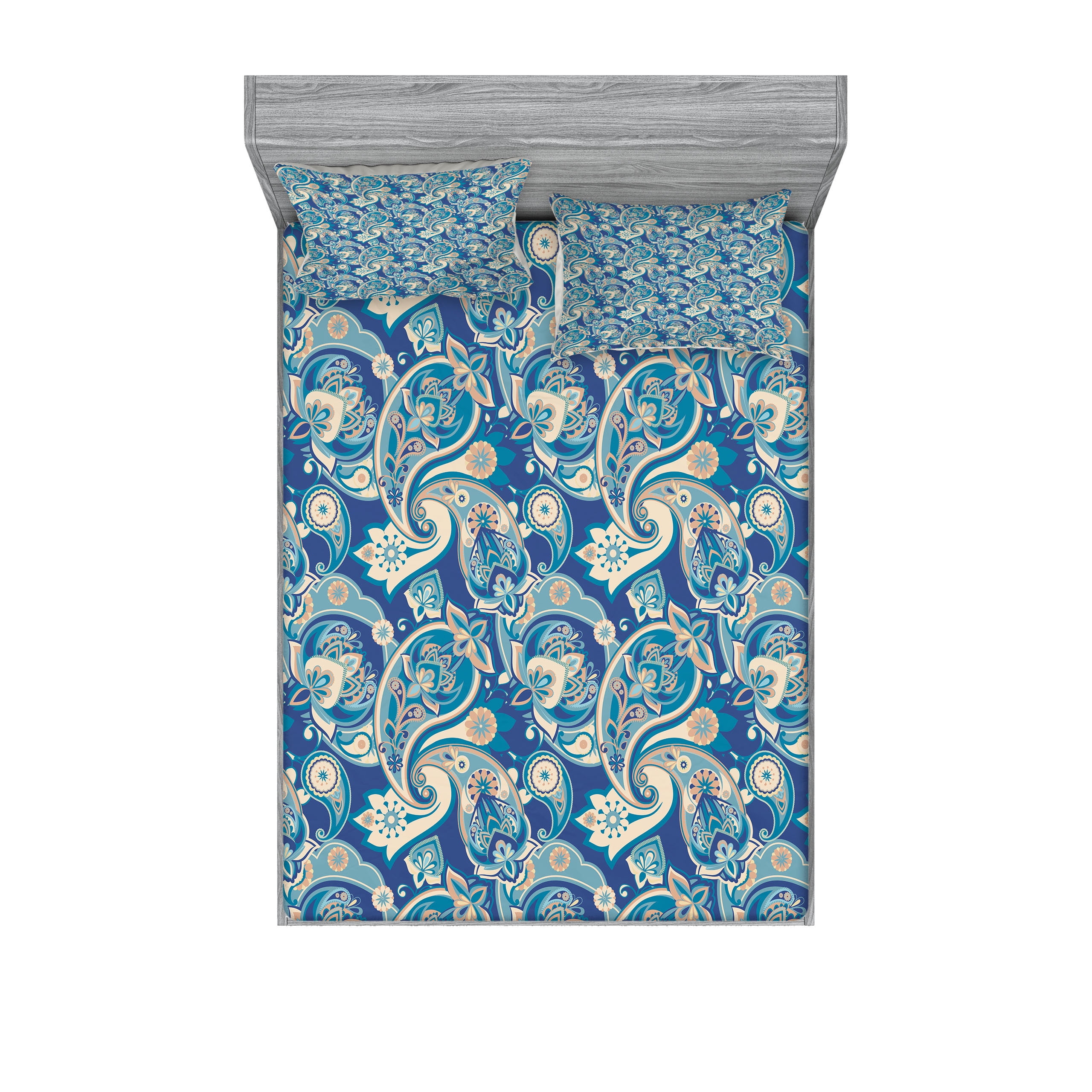 Queen Teal Navy and Tan Microfiber Paisley Sheet Set
