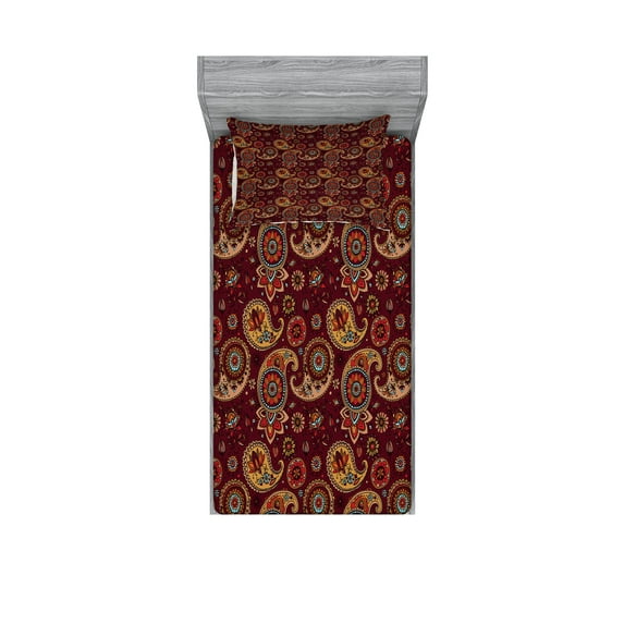 Ambesonne Paisley Fitted Sheet & Pillow Sham Set, Middle Eastern Tribual, Twin, Burgundy and Dark Mustard