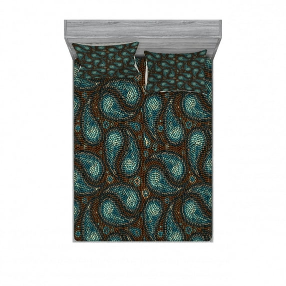 Ambesonne Paisley Fitted Sheet & Pillow Sham Set, Modern Teardrop Shapes, Full, Brown Blue and Dark Blue