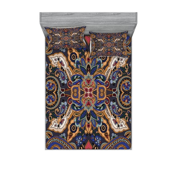 Ambesonne Paisley Fitted Sheet & Pillow Sham Set, Moroccan Floret Antique, Queen, Royal Blue Sand Brown