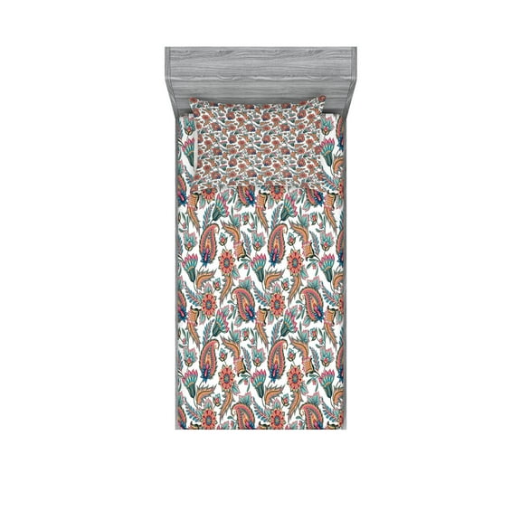 Ambesonne Paisley Fitted Sheet & Pillow Sham Set, Motifs with Flower Leafs, Twin, Multicolor