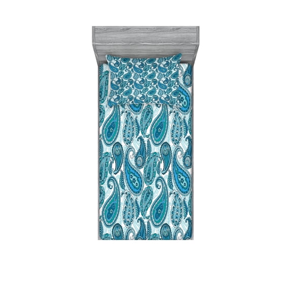 Ambesonne Paisley Fitted Sheet & Pillow Sham Set, Ocean Stripe and Flower, Twin, Blue and White