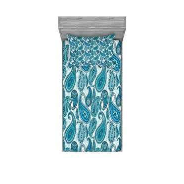 Ambesonne Paisley Fitted Sheet & Pillow Sham Set, Ocean Stripe and Flower, Twinxl, Blue and White
